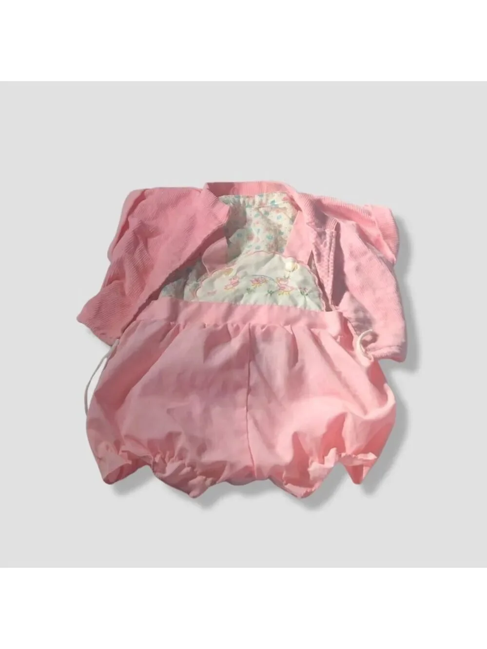 Vintage doll teddy bear outfit pink overalls floral shirt corduroy coat ruffles